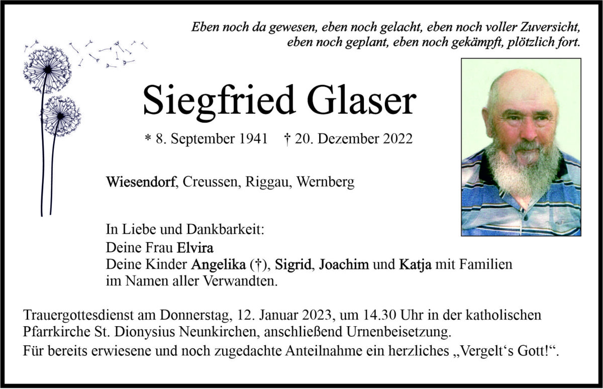 Traueranzeige Siegfried Glaser, Wiesendorf