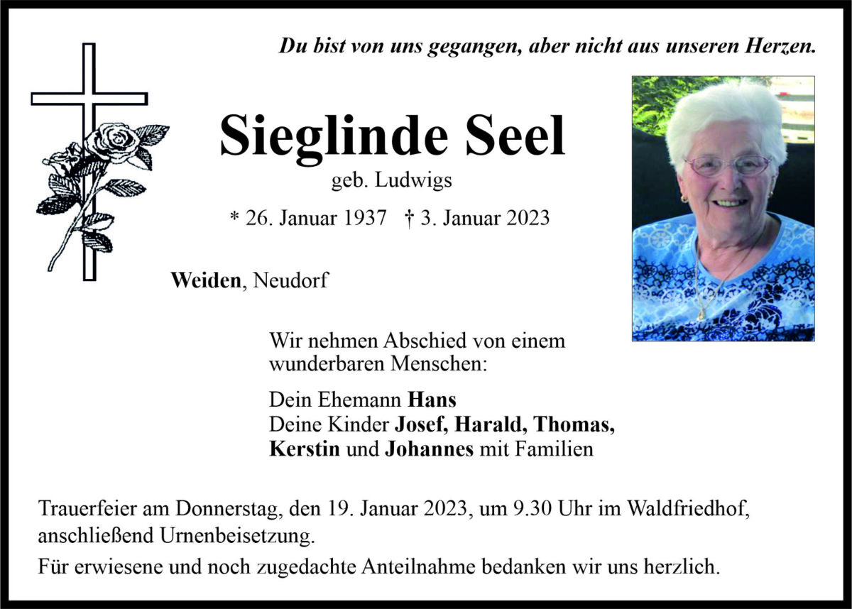 Traueranzeige Sieglinde Seel, Weiden