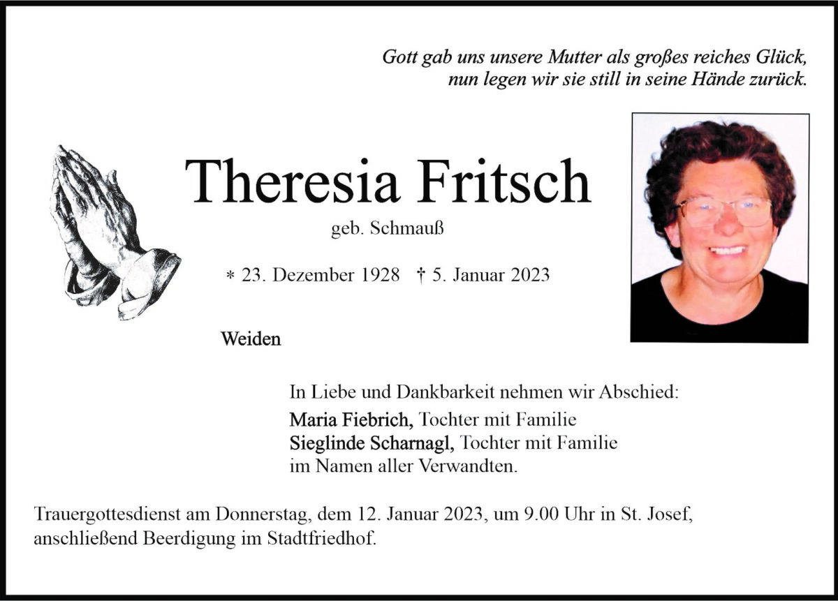 Traueranzeige Theresia Fritsch, Weiden