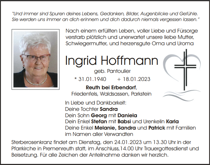 Traueranzeige Ingrid Hoffmann, Premenreuth