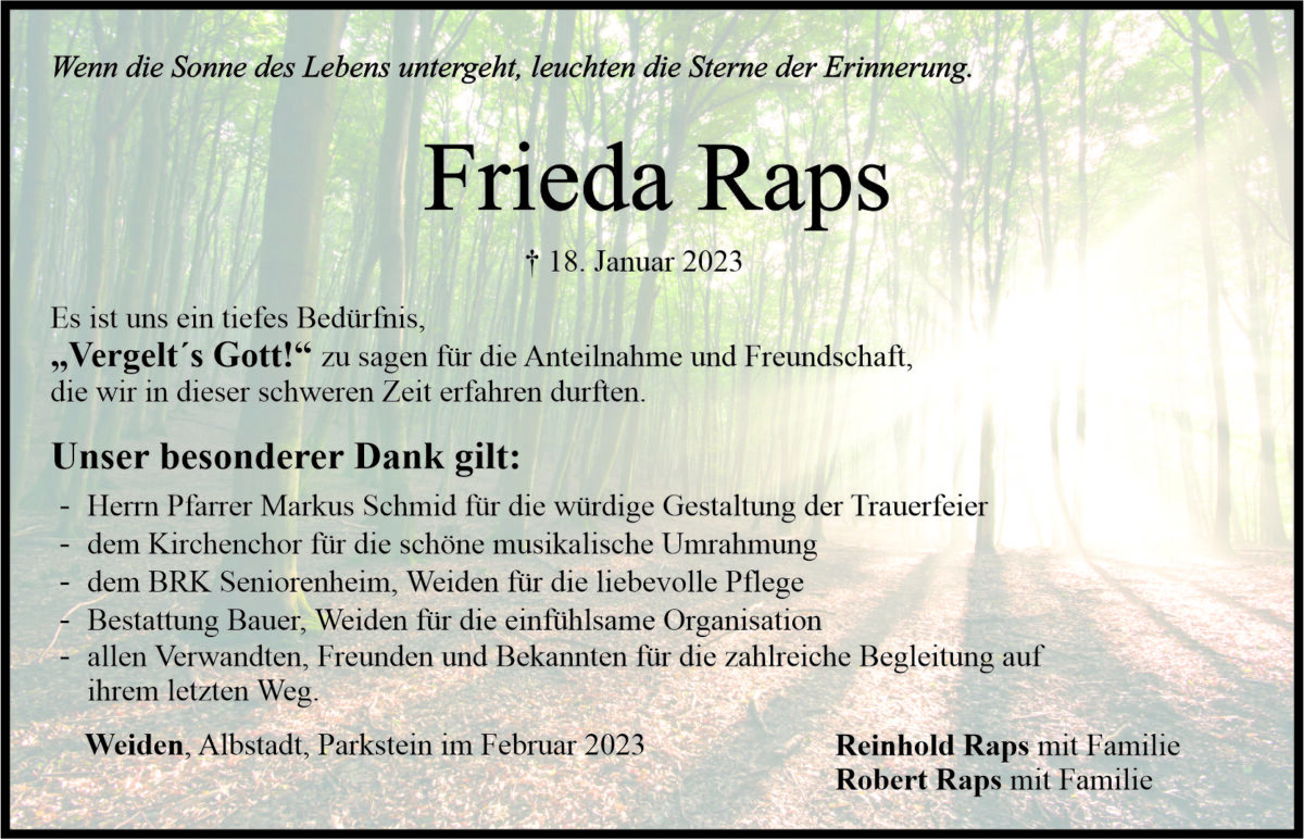 Danksagung Frieda Raps, Weiden