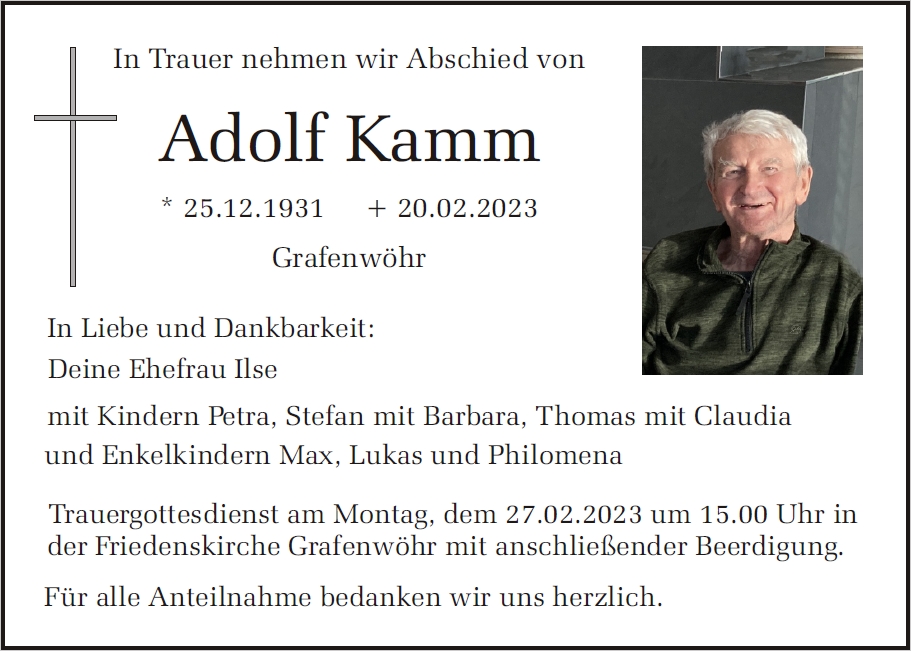Traueranzeige Adolf Kamm, Grafenwöhr