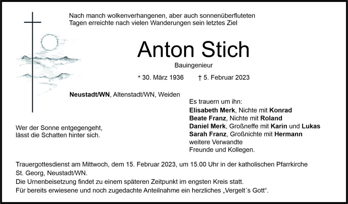 Traueranzeige Anton Stich, Neustadt/WN