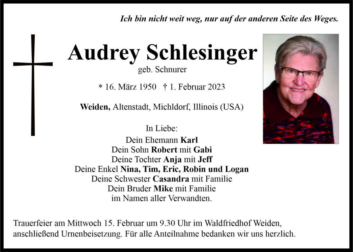 Traueranzeige Audrey Schlesinger, Weiden