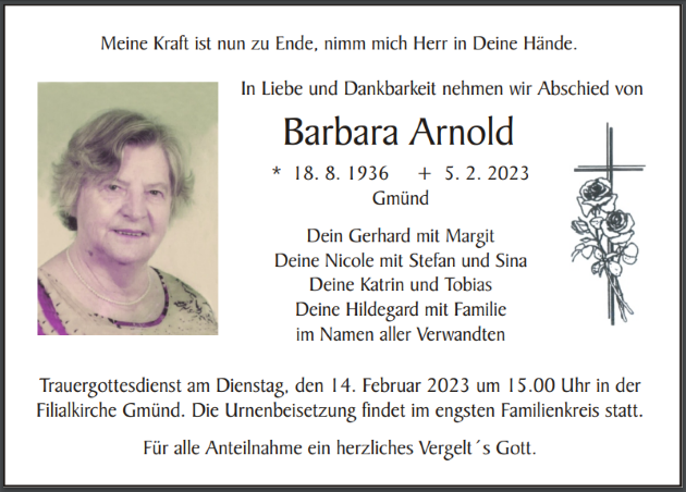 Traueranzeige Barbara Arnold, Gmünd