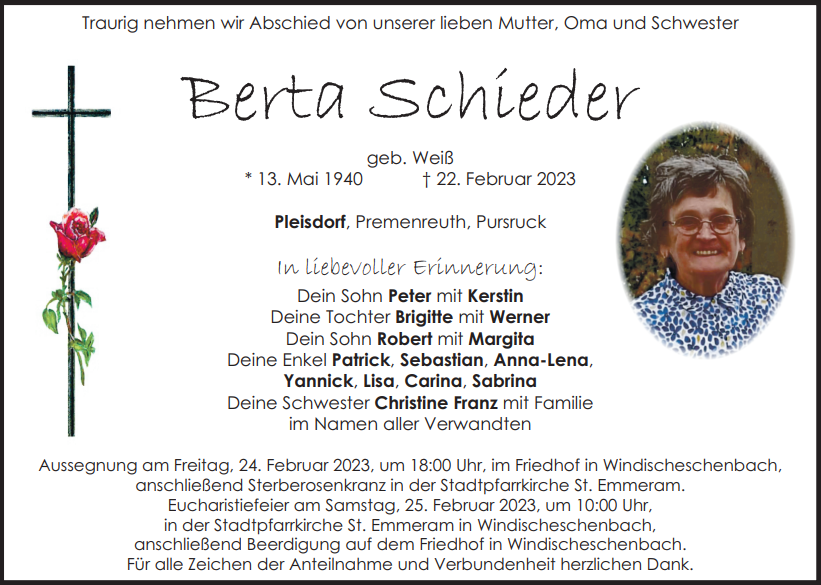 Traueranzeige Berta Schieder, Pleisdorf