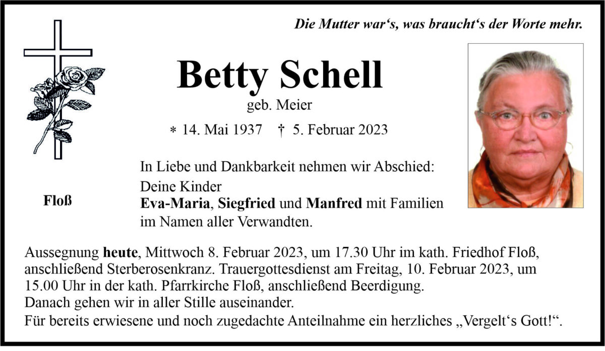 Traueranzeige Betty Schell, Floß