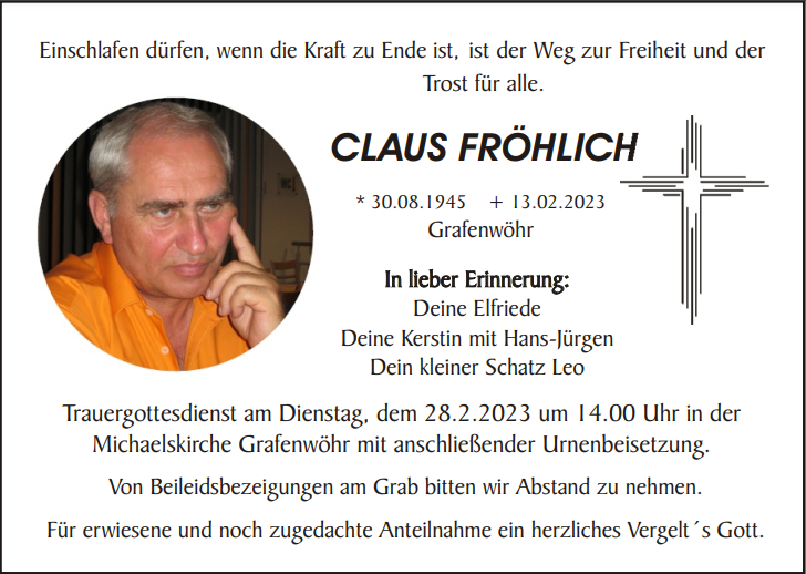 Traueranzeige Claus Fröhlich, Grafenwöhr