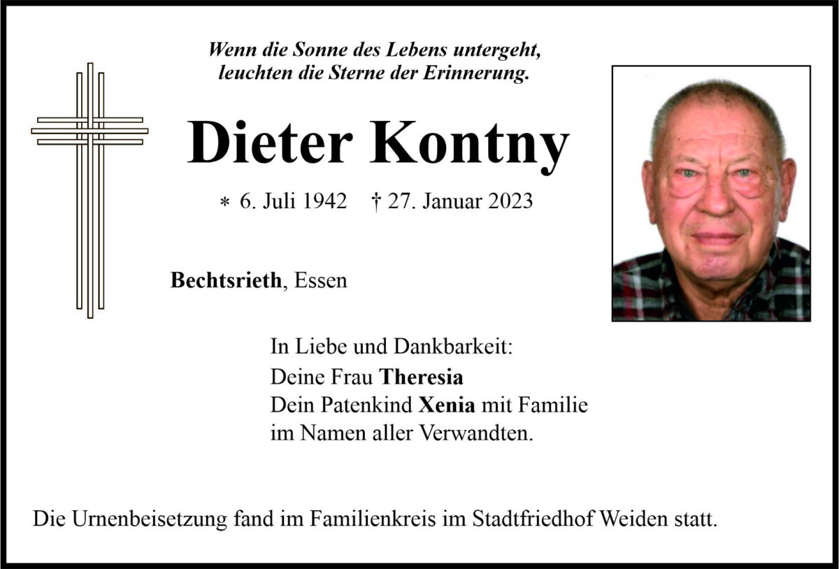 Traueranzeige Dieter Kontny, Bechtsrieth