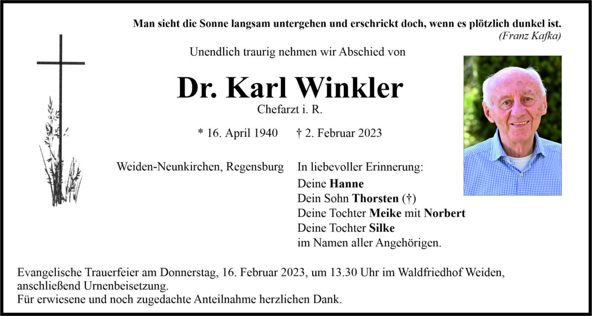 Traueranzeige Dr. Karl Winkler, Weiden-Neunkirchen