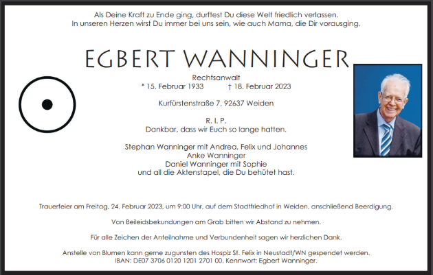 Traueranzeige Egbert Wanninger, Weiden