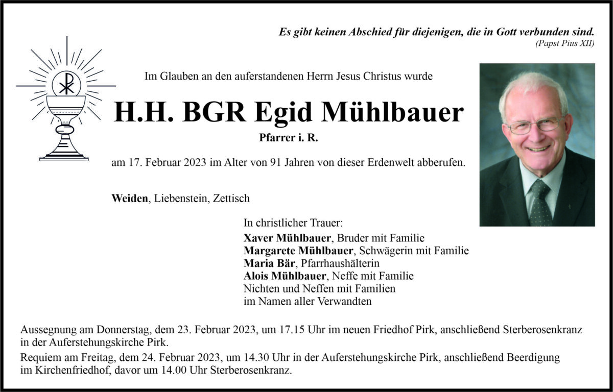 Traueranzeige Egid Mühlbauer, Weiden
