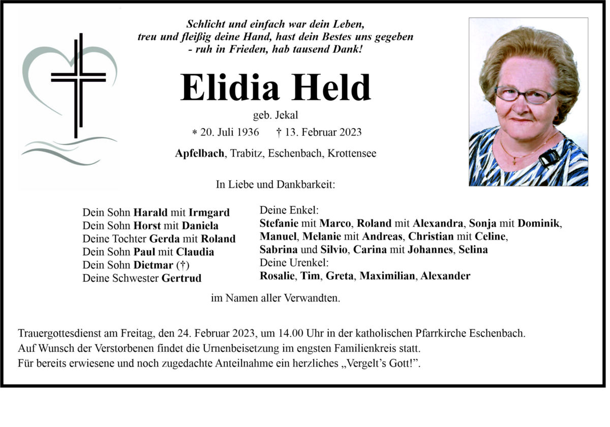 Traueranzeige Elidia Held, Apfelbach