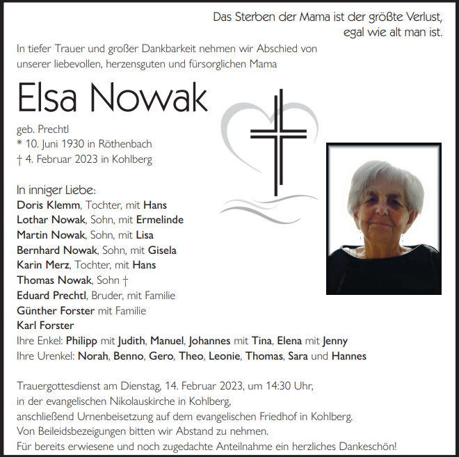 Traueranzeige Elsa Nowak, Kohlberg