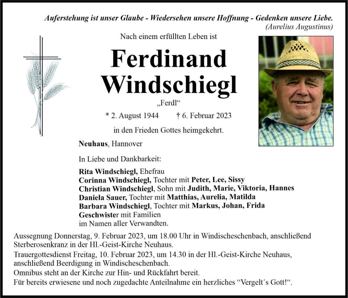 Traueranzeige Ferdinand Windschiegl, Neuhaus
