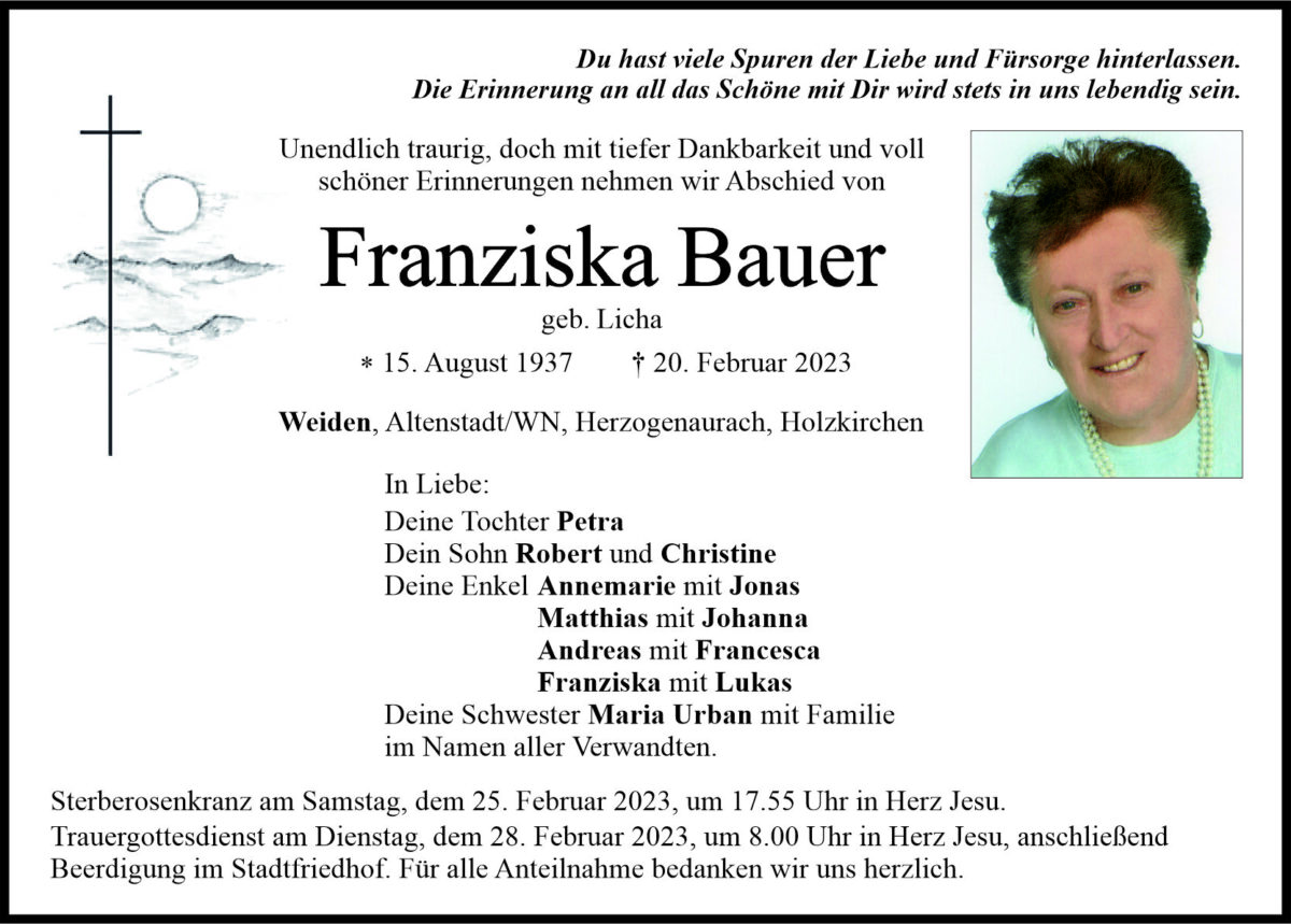 Traueranzeige Franziska Bauer, Weiden