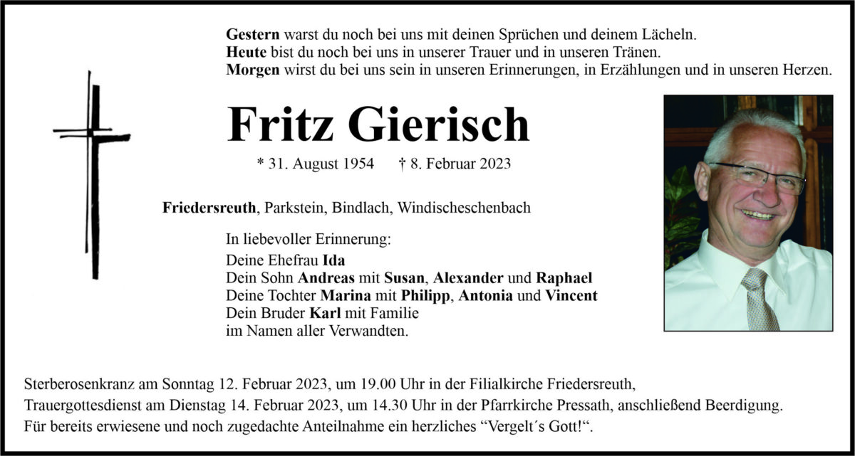 Traueranzeige Fritz Gierisch, Friedersreuth