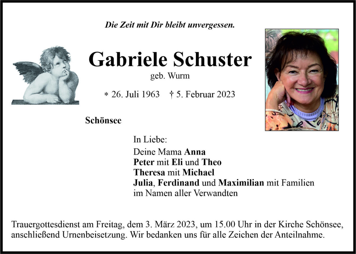 Traueranzeige Gabriele Schuster, Schönsee