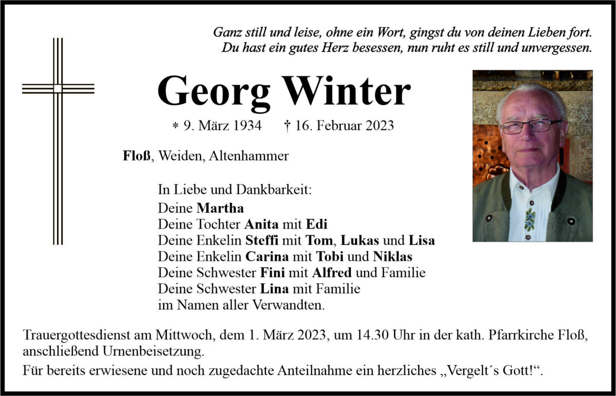 Traueranzeige Georg Winter, Floß