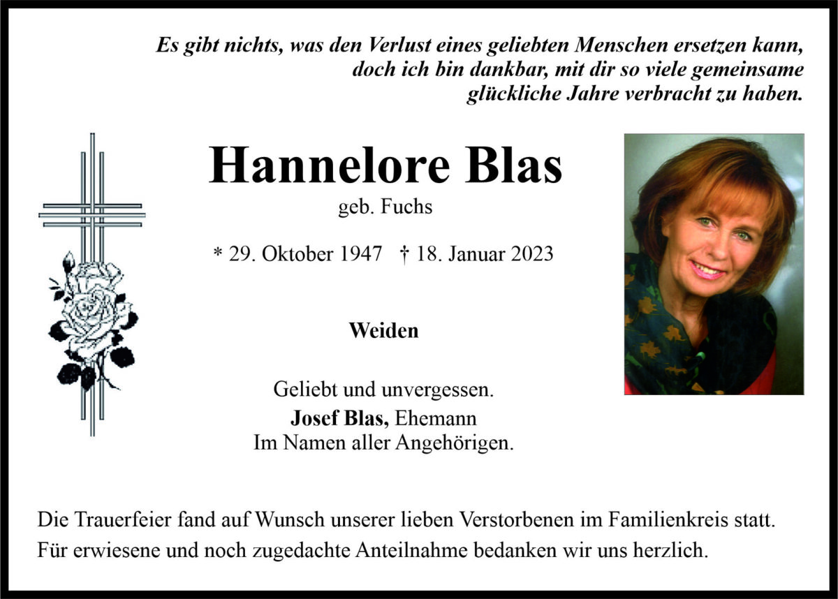 Traueranzeige Hannelore Blas, Weiden
