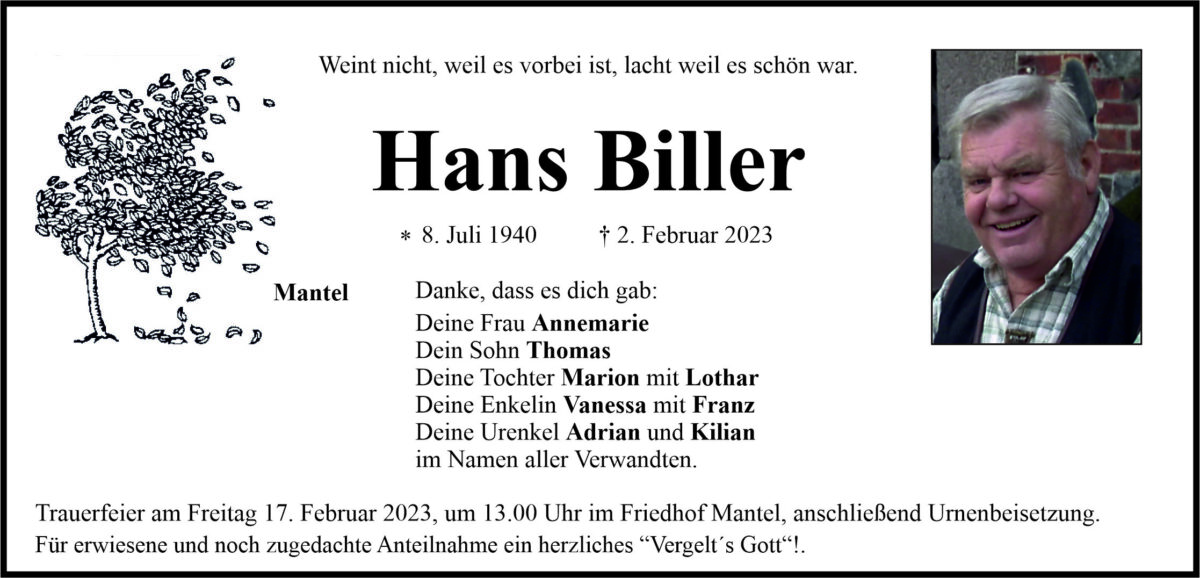 Traueranzeige Hans Biller, Mantel