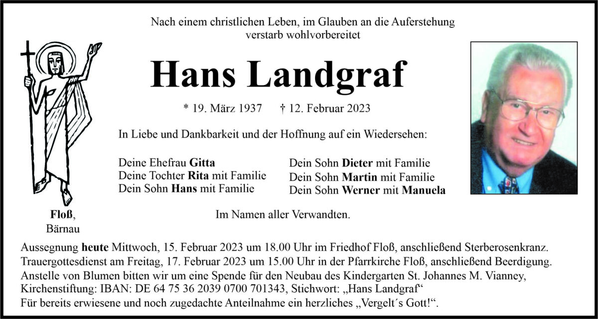 Traueranzeige Hans Landgraf, Floß