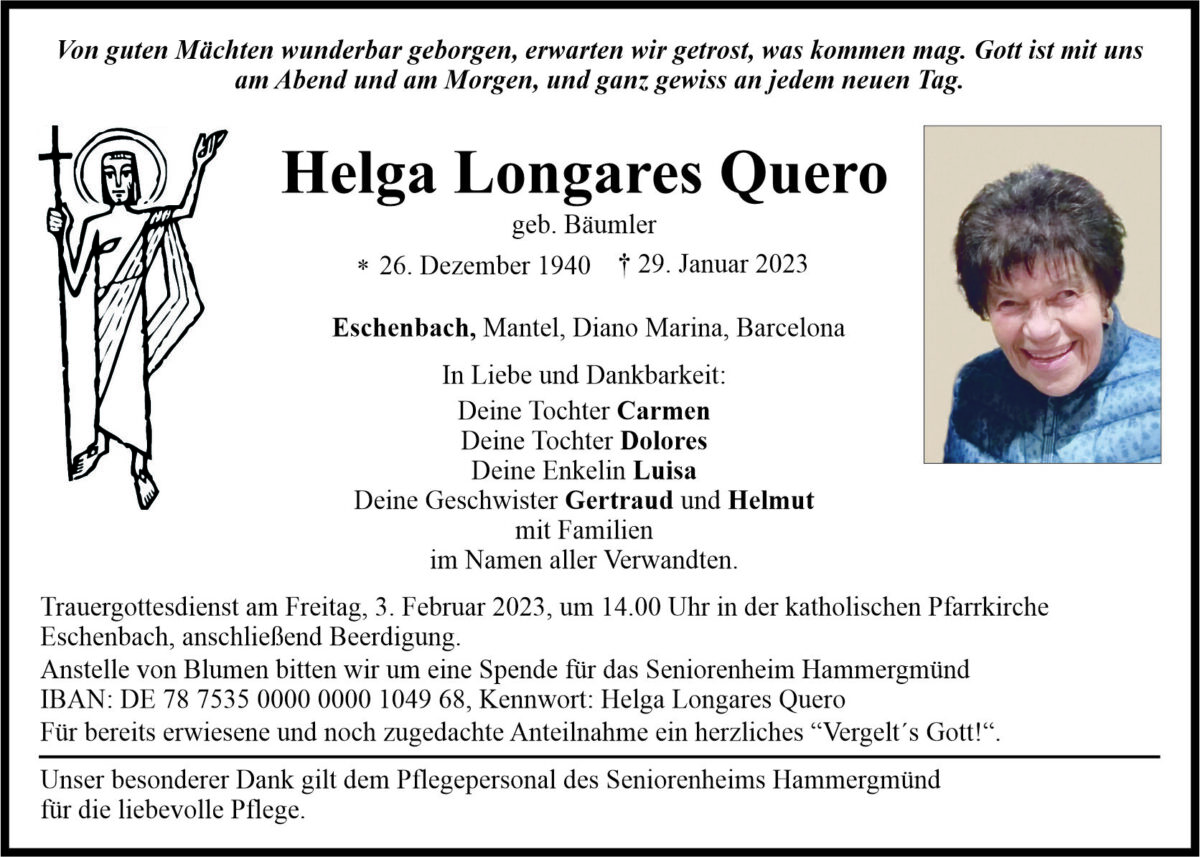 Traueranzeige Helga Longares Quero, Eschenbach