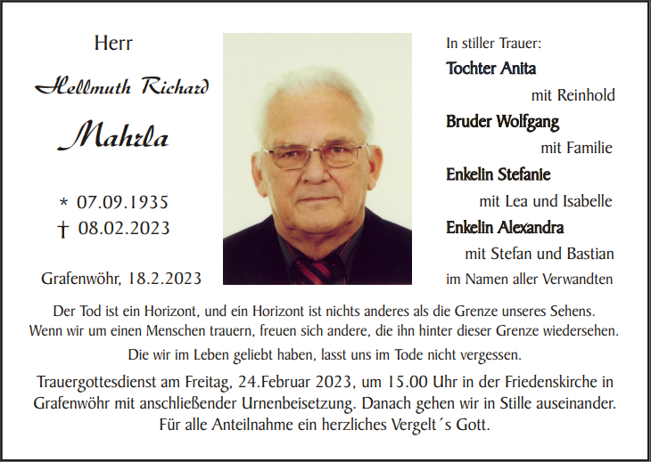 Traueranzeige Helmuth Richard Mahrla, Grafenwöhr