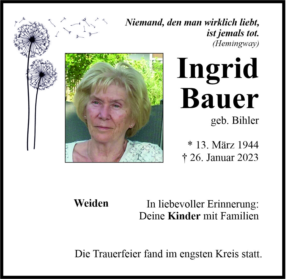 Traueranzeige Ingrid Bauer, Weiden