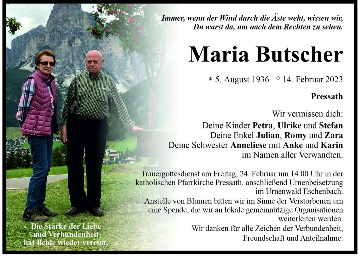 Traueranzeige Maria Butscher, Pressath