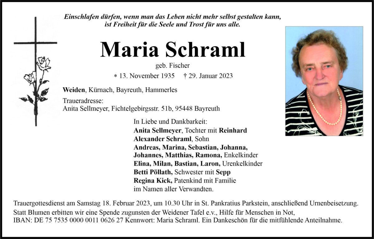 Traueranzeige Maria Schraml, Weiden