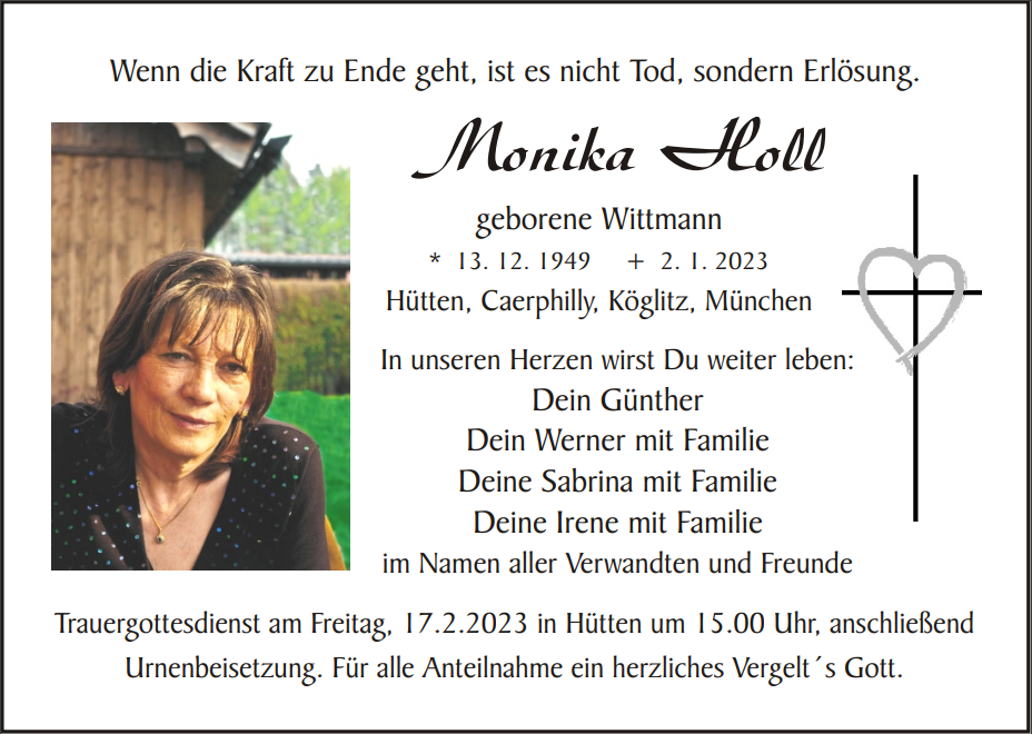 Traueranzeige Monika Holl, Hütten
