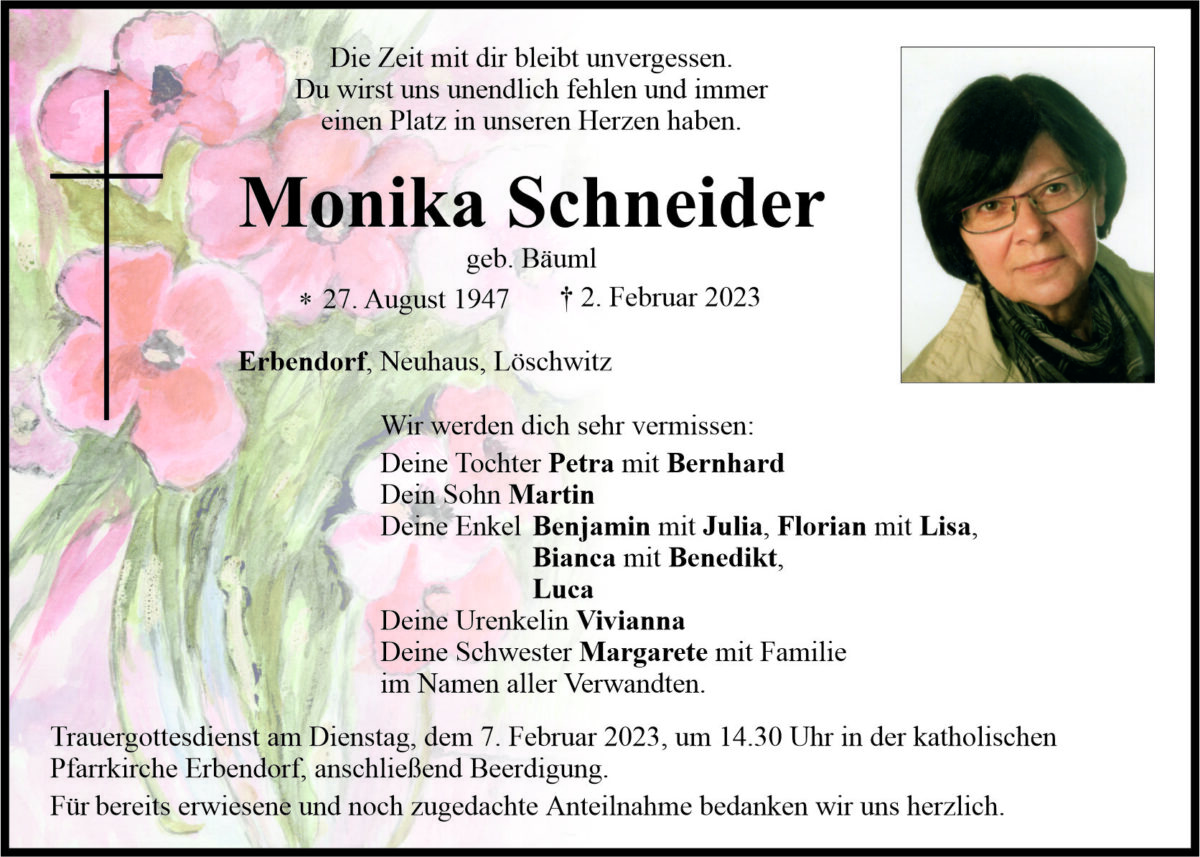 Traueranzeige Monika Schneider, Erbendorf