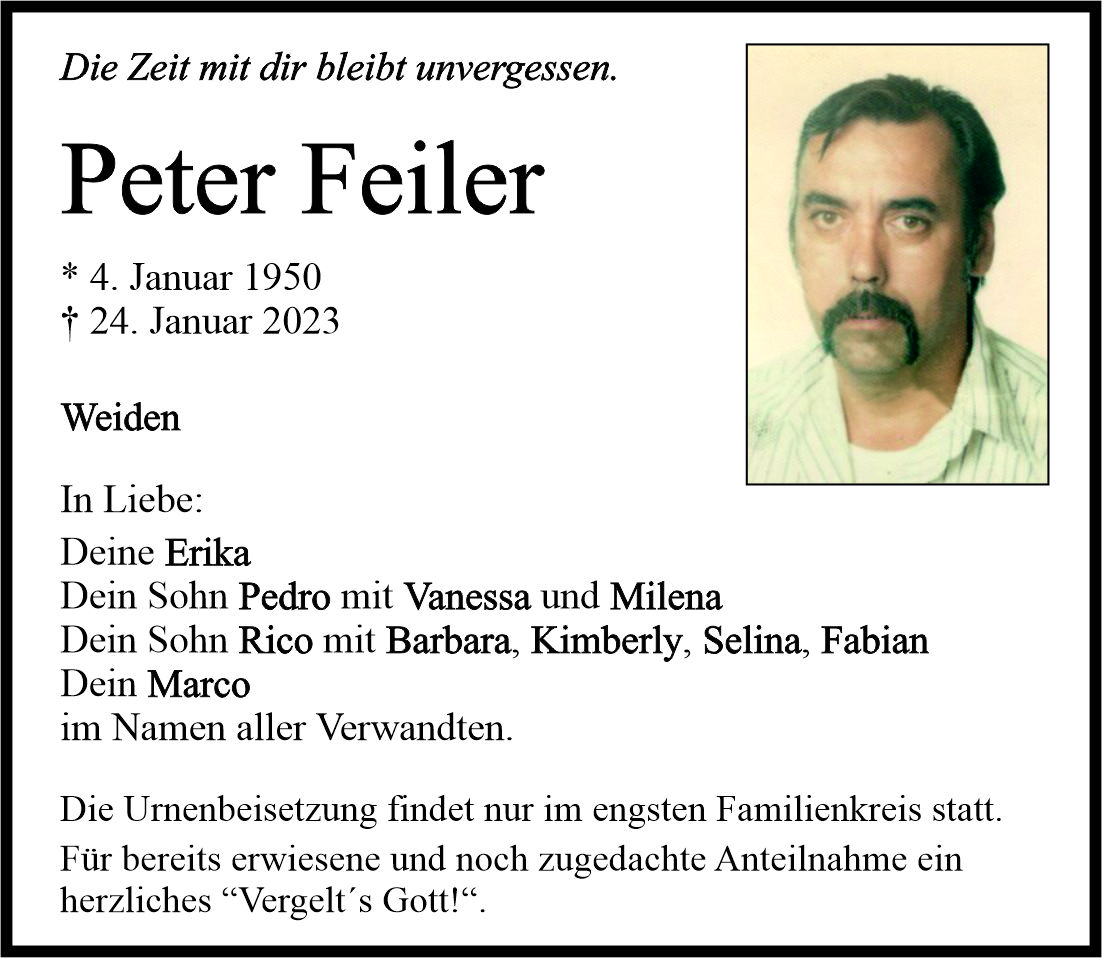 Traueranzeige Peter Feiler, Weiden