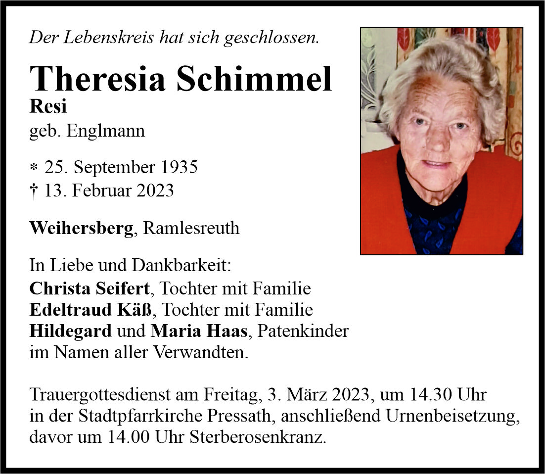 Traueranzeige Theresia Schimmel, Weihersberg