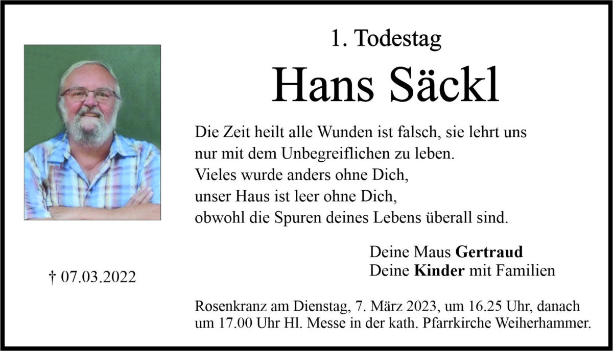 Gedenkanzeige Hans Säckl, Weiherhammer