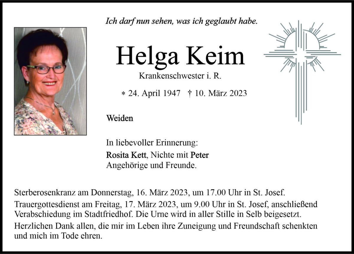 Traueranzeige Helga Keim, Weiden