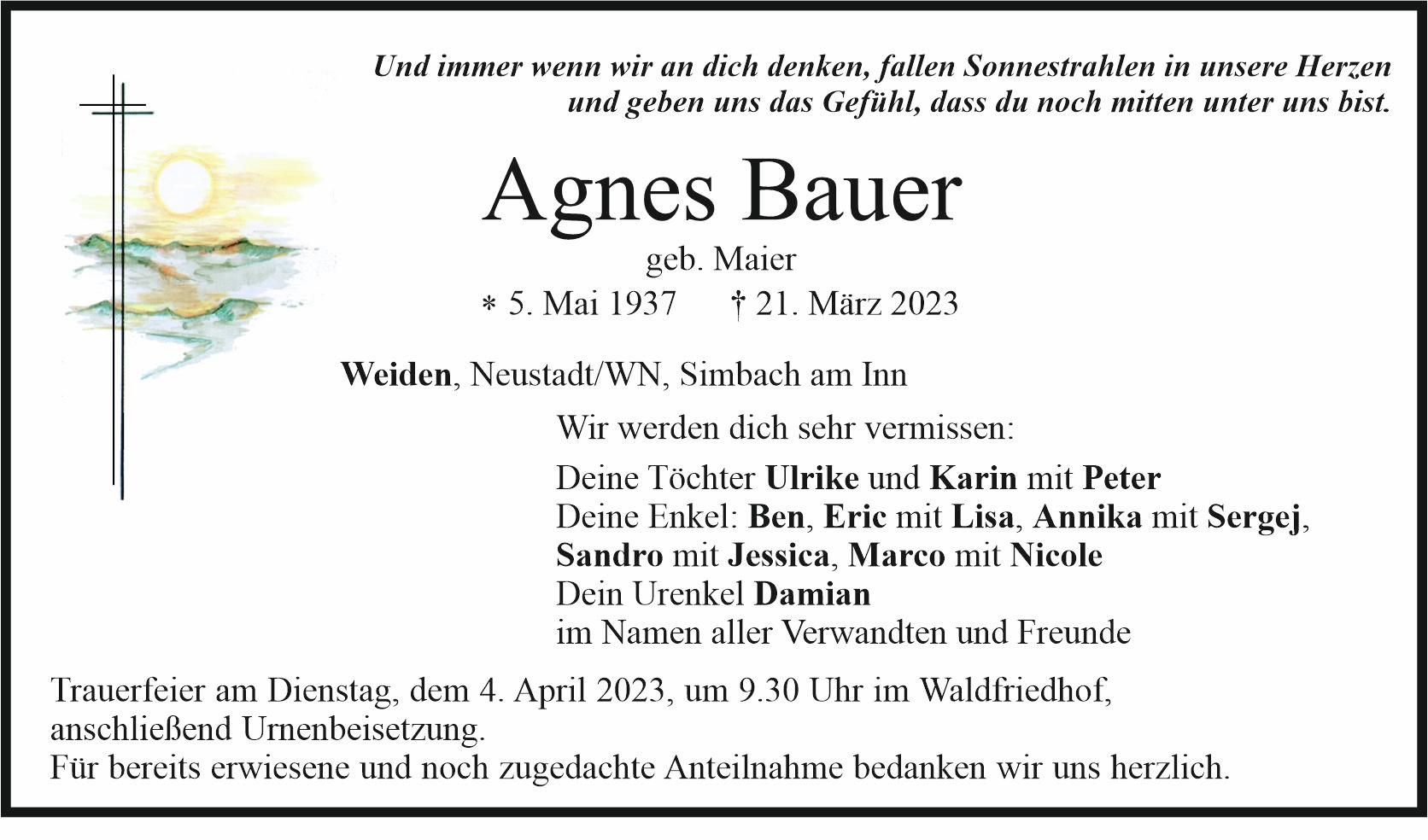 Traueranzeige Agnes Bauer, Weiden