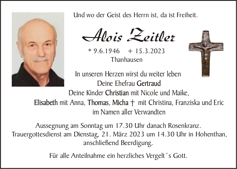 Traueranzeige Alois Zeitler, Thanhausen