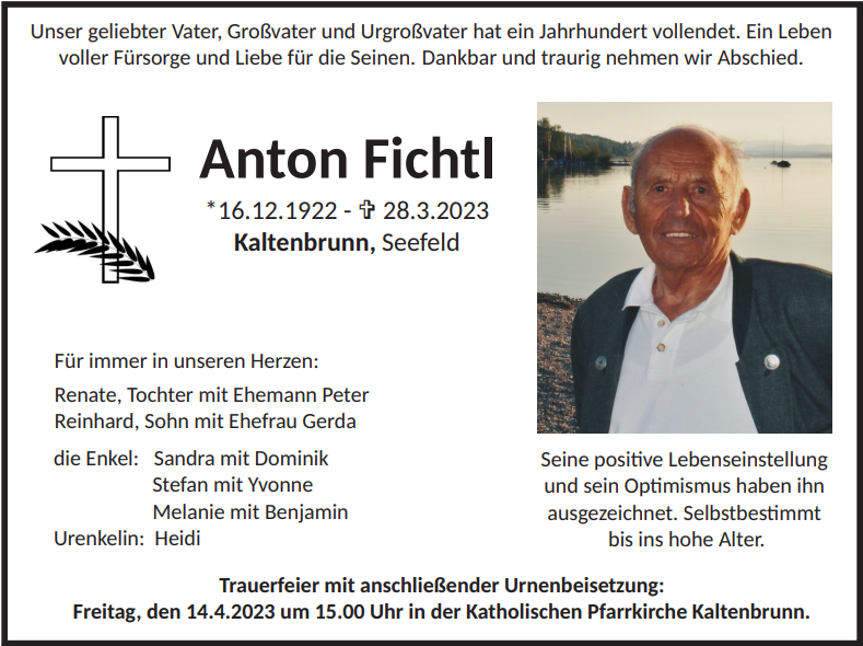 Traueranzeige Anton Fichtl, Kaltenbrunn