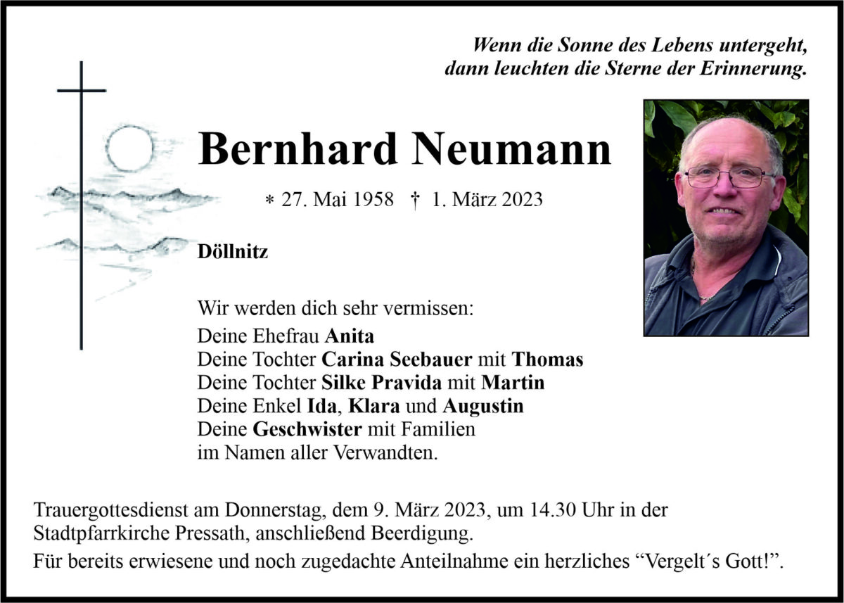 Traueranzeige Bernhard Neumann, Dollnitz