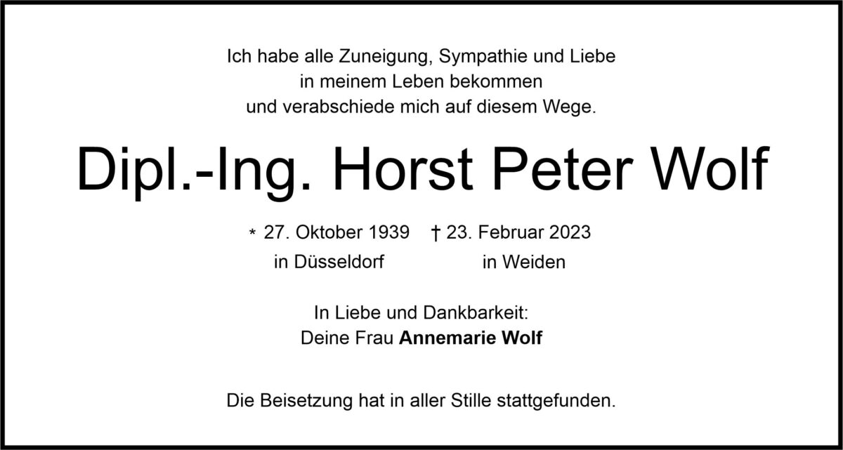 Traueranzeige Dipl.-Ing. Horst Peter Wolf, Weiden