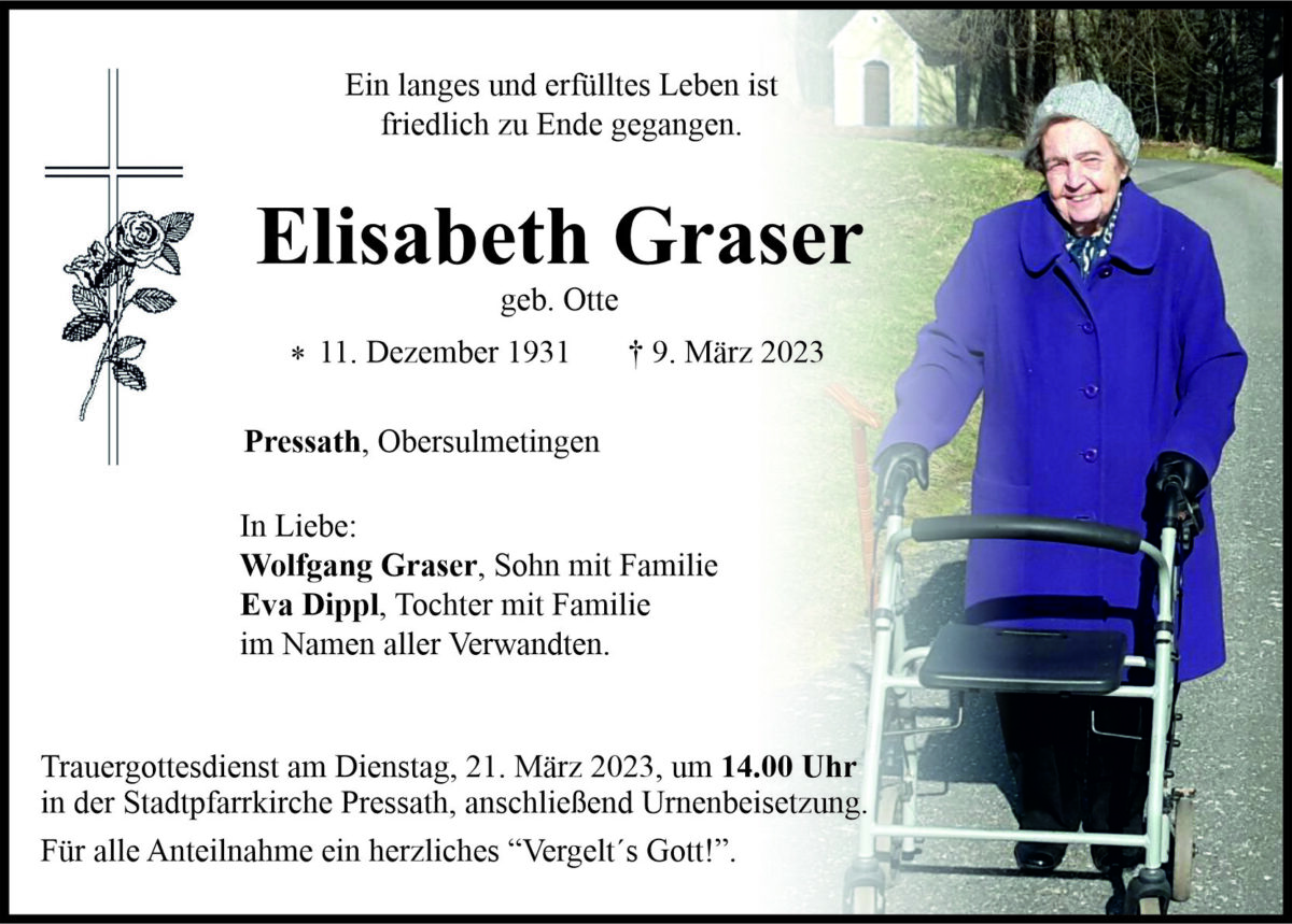 Traueranzeige Elisabeth Graser, Pressath