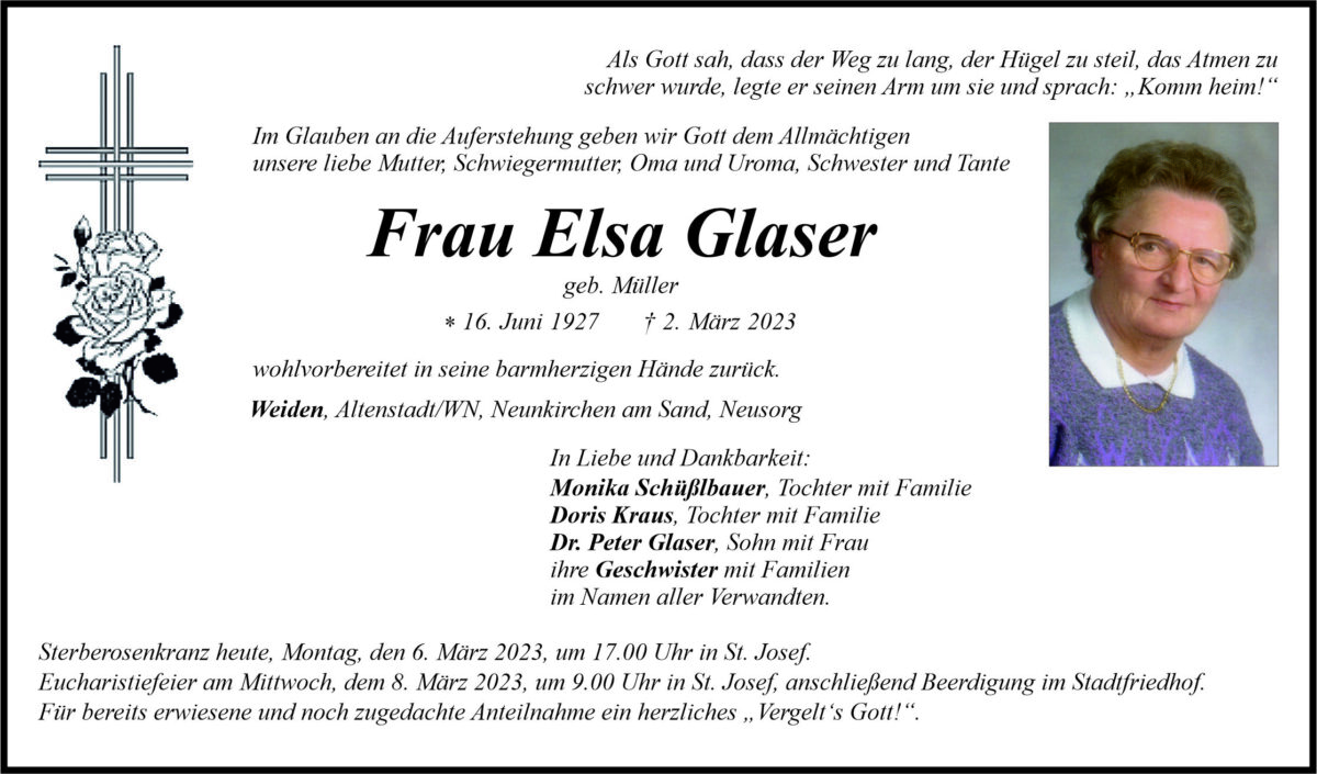 Traueranzeige Elsa Glaser, Weiden