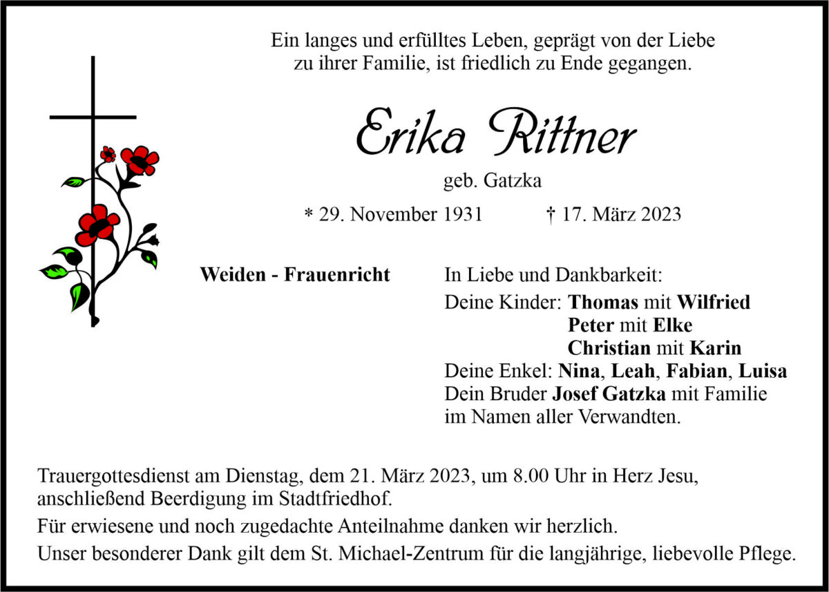 Traueranzeige Erika Rittner, Weiden-Frauenricht