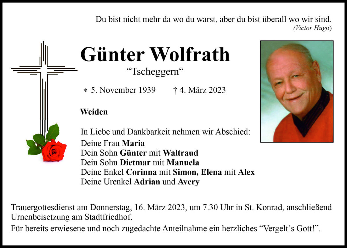 Traueranzeige Günter Wolfrath, Weiden