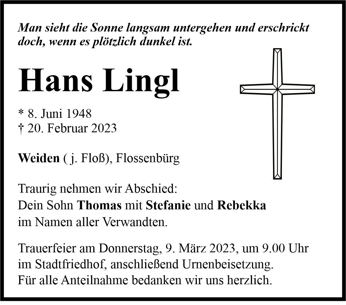 Traueranzeige Hans Lingl, Weiden