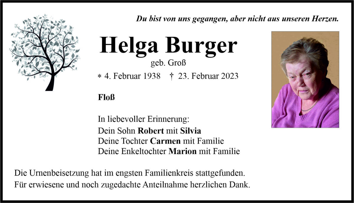 Traueranzeige Helga Burger, Floß