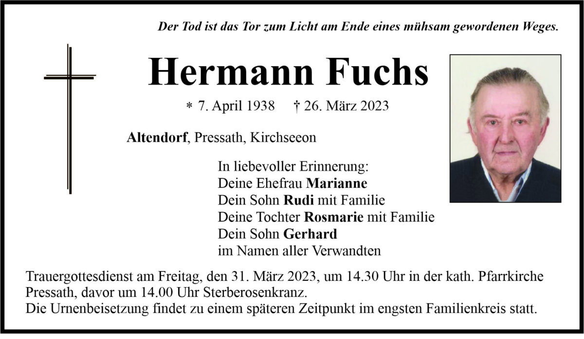 Traueranzeige Hermann Fuchs, Altendorf