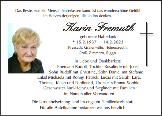 Traueranzeige Karin Fremuth, Pressath